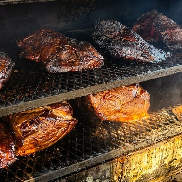 Smoked barbecue meats cook on multiple racks inside a smoky commercial grill.