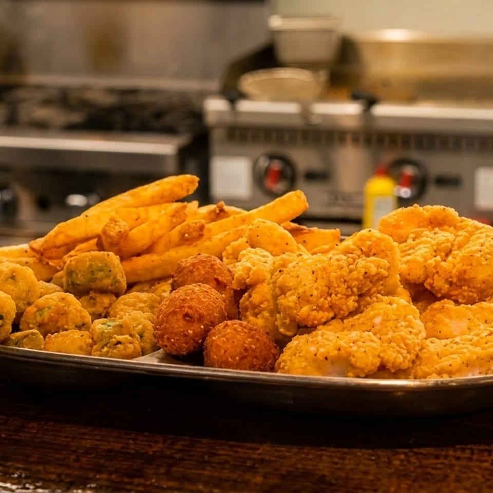 Large platter of assorted golden fried foods, including chicken, fries, fritters, and hushpuppies, on a restaurant kitchen counter.