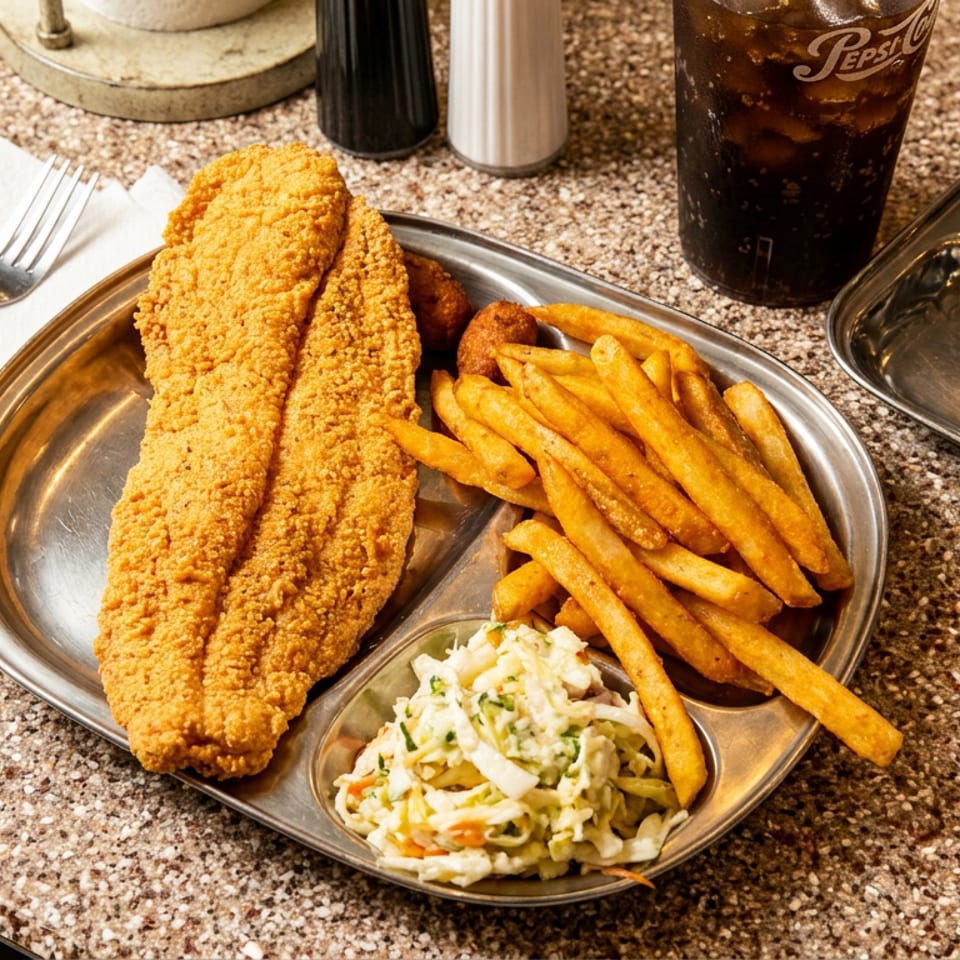 Breaded fried fish with French fries and coleslaw served on a metal platter beside a Pepsi and dipping sauce.