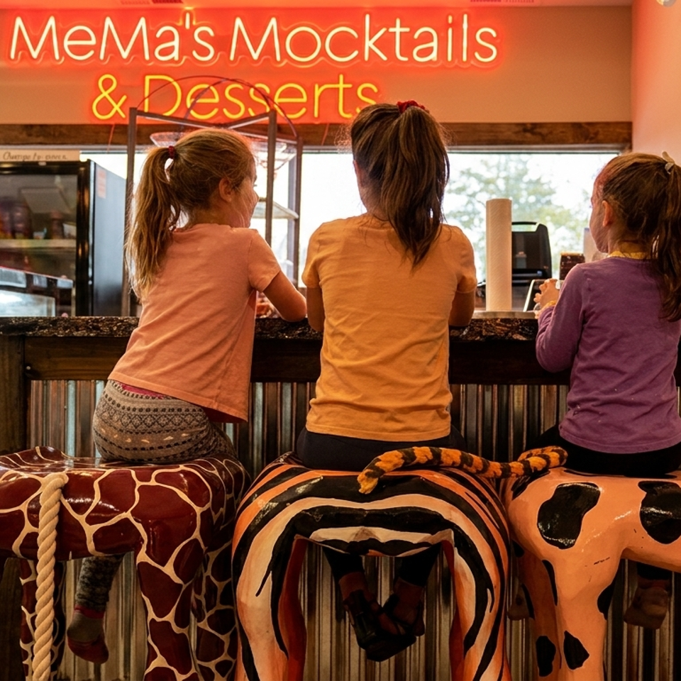 Three children sit on animal-themed stools at a dessert counter beneath a neon sign advertising mocktails and desserts.
