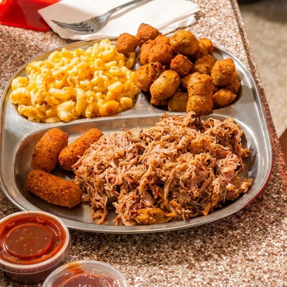 Tray of macaroni and cheese, fried appetizers, shredded meat, dipping sauces, and iced soda on a restaurant table.