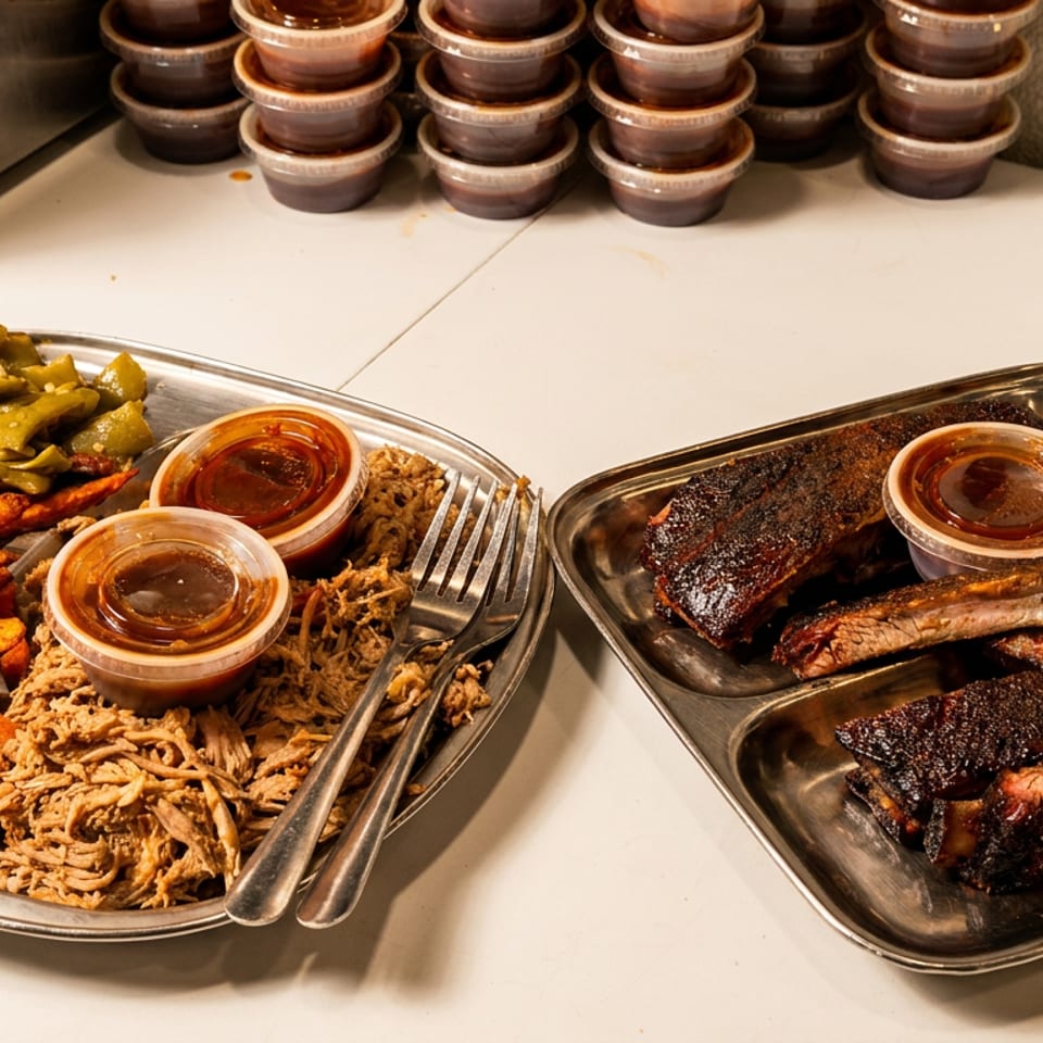 Metal trays display sweet potato fries, green beans, crispy onions, barbecue ribs, cornbread, dipping sauces, and utensils.