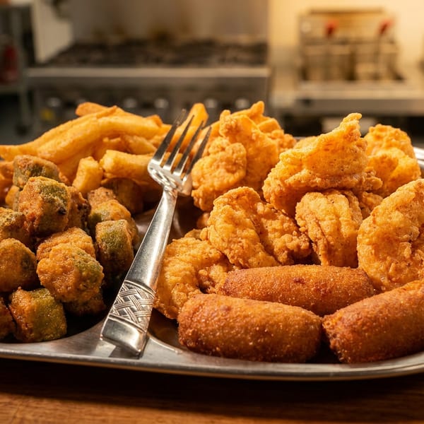 Platter of assorted fried foods, including shrimp, chicken, hush puppies, fries, and a fork, on a wooden restaurant table.