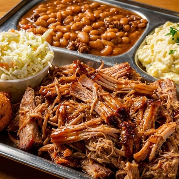Metal tray featuring pulled barbecue pork, baked beans, coleslaw, potato salad, and two golden croquettes.