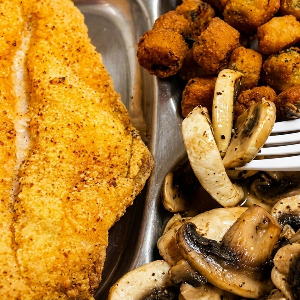 Breaded fried fish fillets served with golden fritters and sautéed mushrooms on a divided metal plate.